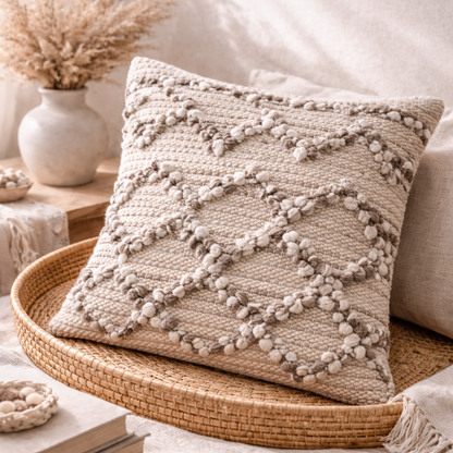 Sand handgeweven boho sierkussen 45x45 cm met subtiel ruitpatroon – Eluna Living