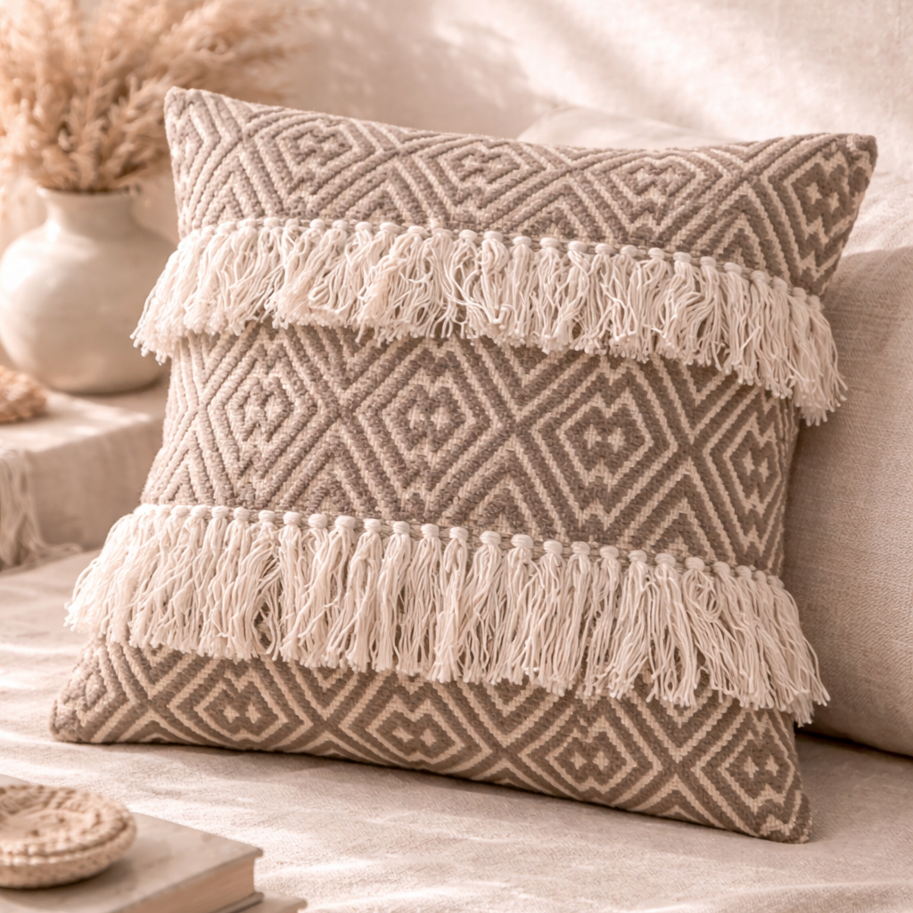 Taupe handgeweven boho sierkussen 45x45 cm met franjes op beige bank – Eluna Living