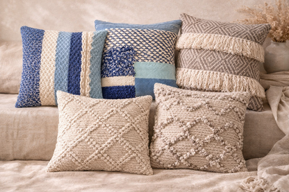 Handgeweven boho sierkussens 45x45 cm in Ocean Blue, Sand en Taupe – Eluna Living