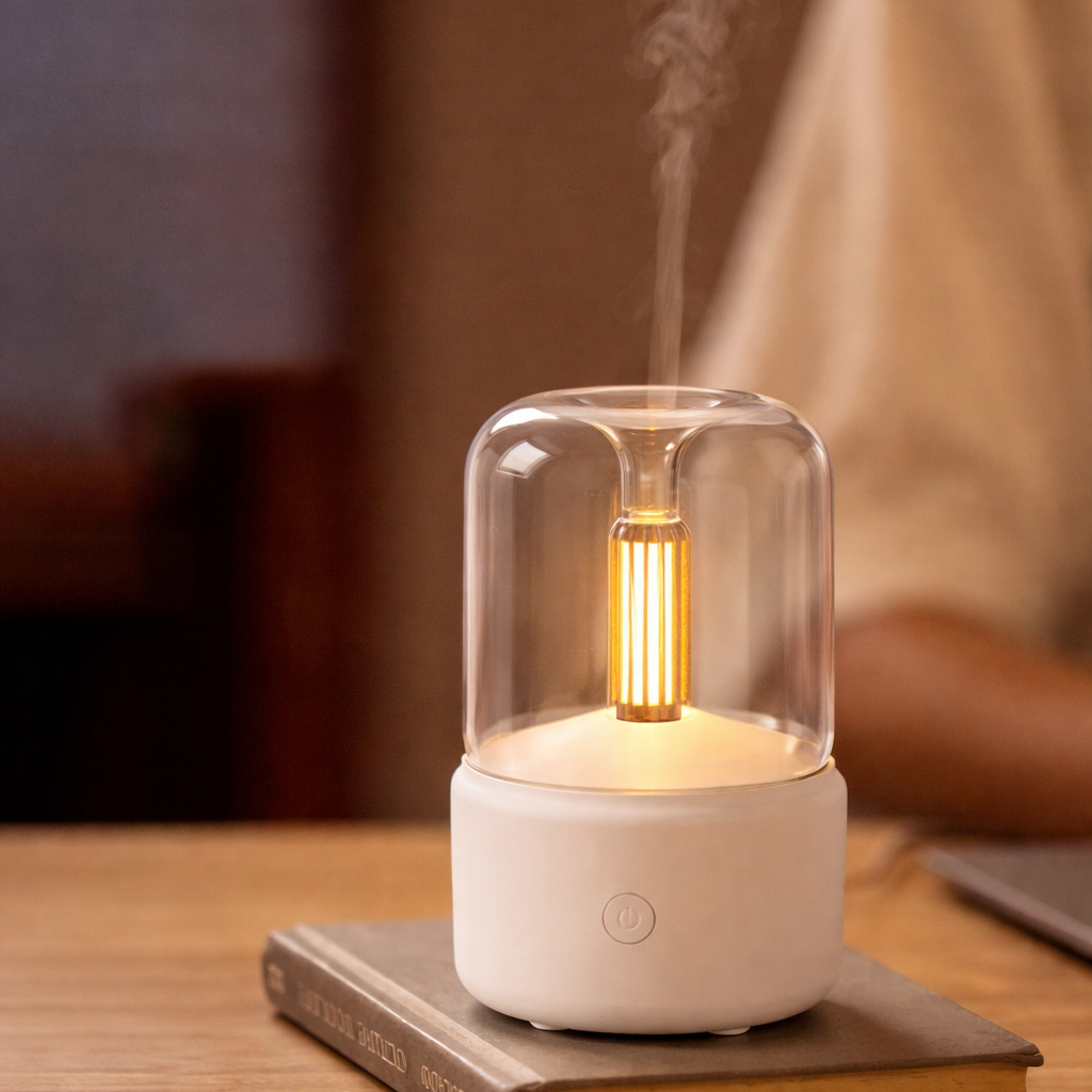 Eluna LumiFlame™ witte aromadiffuser met warm amber licht en fijne mist voor sfeervol interieur