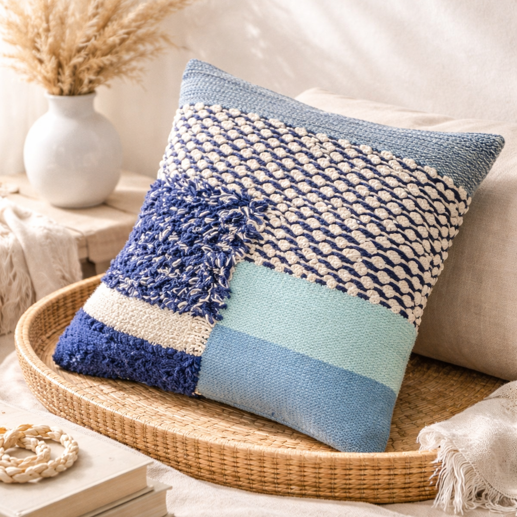 Indigo handgeweven boho sierkussen 45x45 cm met blauw patroon – Eluna Living