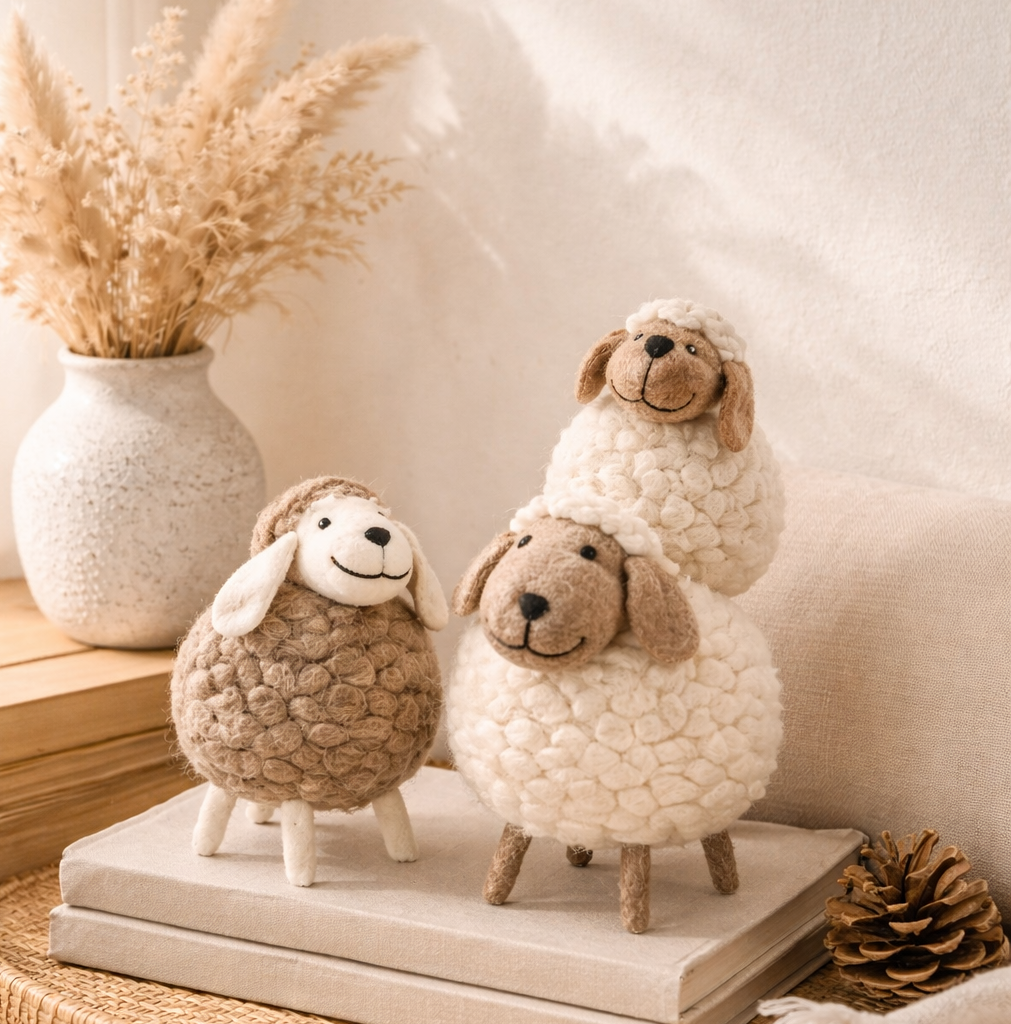 Handgemaakte wollen schaapjes decoratie op beige houten kast in warm Scandinavisch interieur Eluna Living 