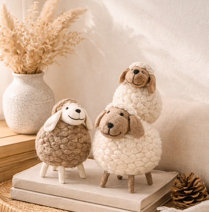 Handgemaakte wollen schaapjes decoratie op beige houten kast in warm Scandinavisch interieur Eluna Living 