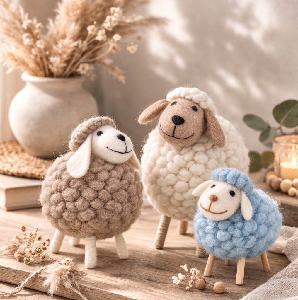 Set van 3 handgemaakte wollen schaapjes in beige en blauw als Scandinavische woondecoratie Eluna Living 