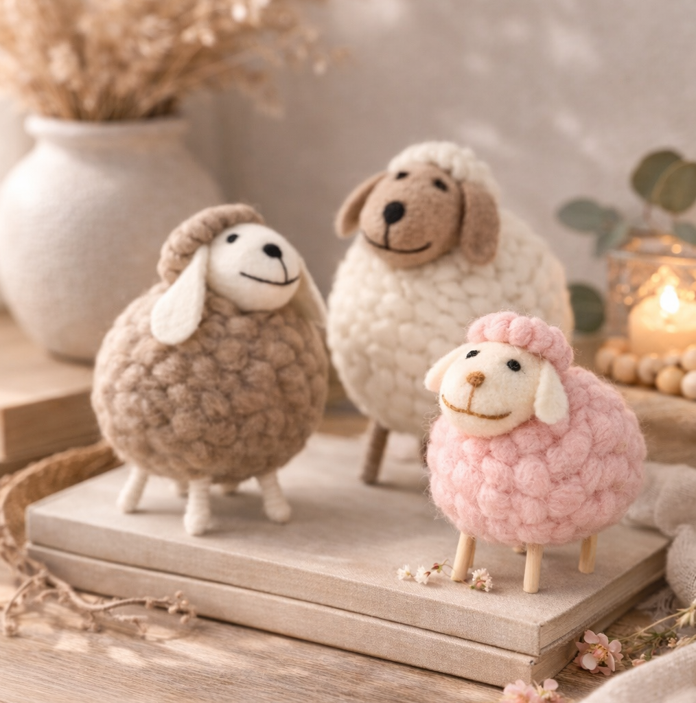 Wollen schaapjes decoratie set van 3 met poederroze variant op houten ondergrond Eluna Living 