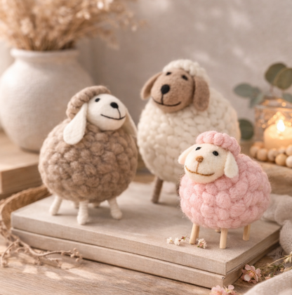 Wollen schaapjes decoratie set van 3 met poederroze variant op houten ondergrond Eluna Living 