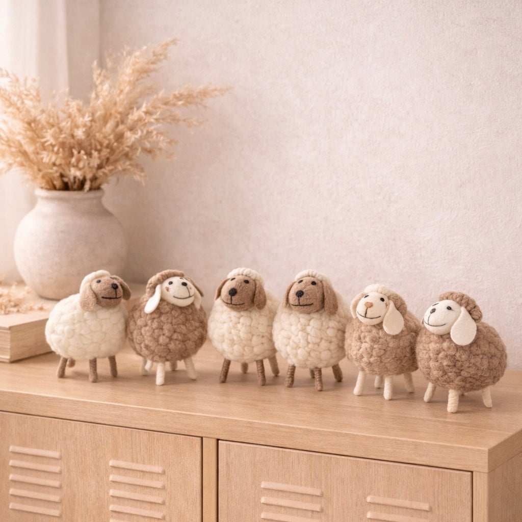 Set van 6 handgemaakte wollen schaapjes decoratie op beige houten kast in Scandinavisch interieur Eluna Living 
